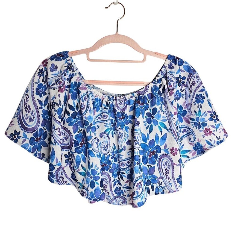 SHOW ME YOUR MUMU Heidi Ruffle Crop Top size XS WHITE BLUE FLORAL Beachy Summer